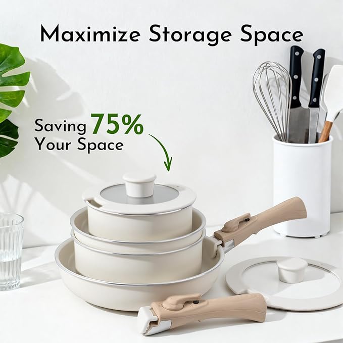 10-Piece Ceramic Nonstick Cookware Set, PFAS/PFOA/PTFE-Free & Non-Toxic Pots and Pans Set with Detachable Handles, Dishwasher Safe & Induction Compatible for Kitchen & RV Cooking