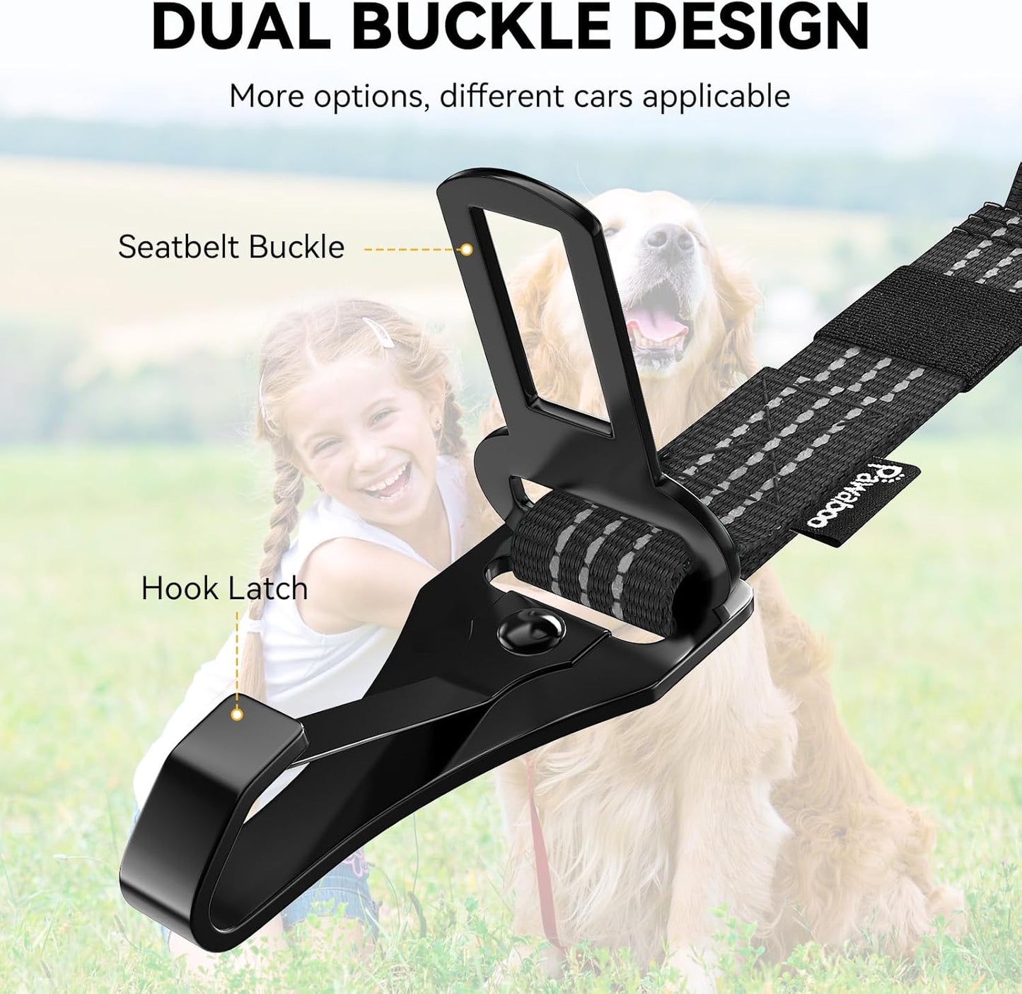 Pawaboo Dog Seatbelt for Car, 3-in-1 Dog Seat Belt Bungee, Shockproof Dogs Tether for Car with Buckle & Hook Latch, Adjustable Reflective Dogs Cars Harness Leash with 360° Lockable Buckle, Black