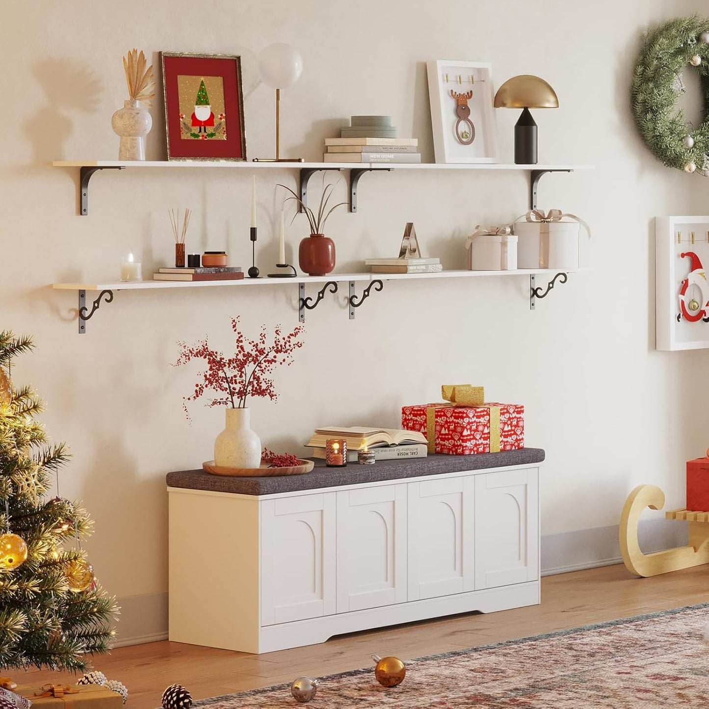 DINZI LVJ Shoe Bench, Entryway Storage Bench with Doors, Cushion, 2-Tier Shoe Rack with 8-Cubby, 47.2”L x 13.8”W Shoe Organizer Cabinet, Adjustable Shelf, Living Room, Bedroom, White