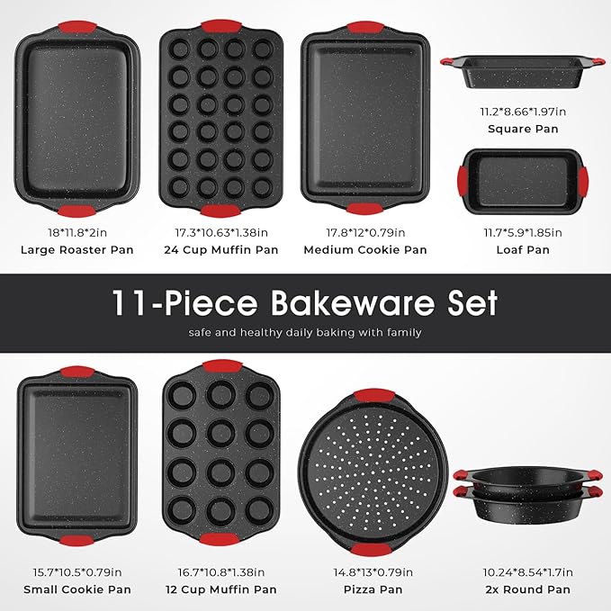 11-Piece Nonstick Stackable Baking Pans Set, Toxin-Free Bakeware Sets, Baking Pan Set with Silicone Handles, Includes Cookie Sheets, Loaf Pan, Pizza Pan, Muffin Pan, Red&Black