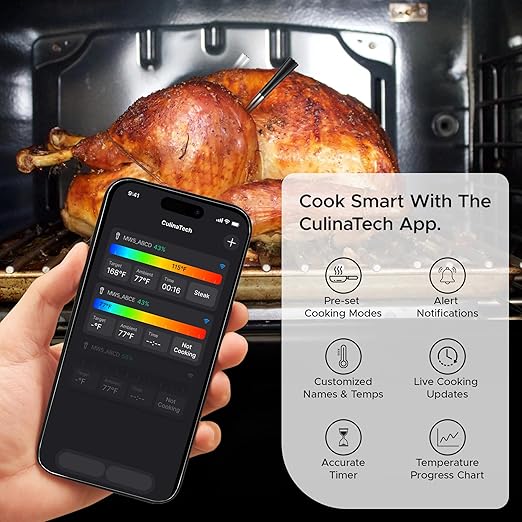 CulinaMeter One: 750FT Wireless Meat Thermometer with LCD Screen, Digital Cooking Food Thermometer for Beef Lamb Turkey, Dual Sensor Measures Internal & Ambient Temp