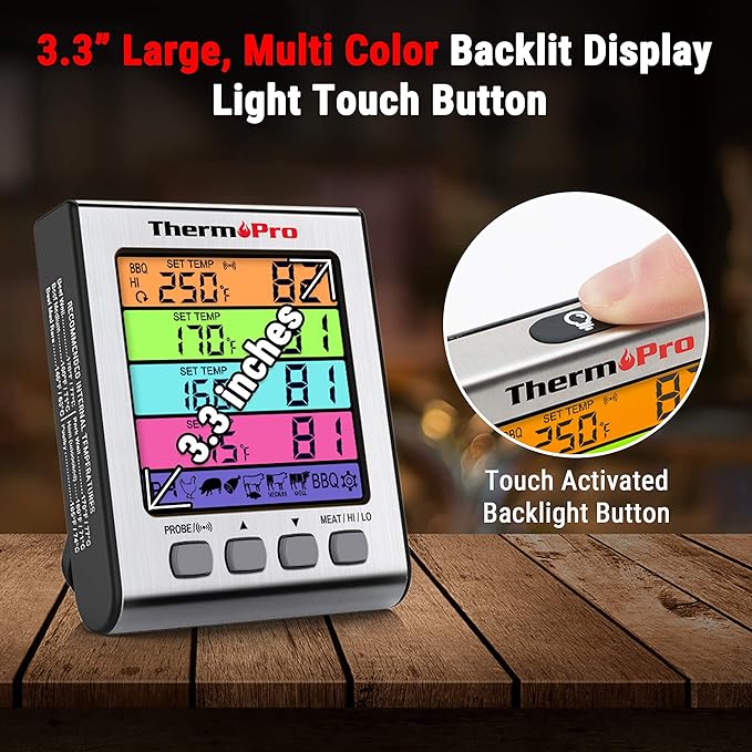 ThermoPro TP17H Digital Meat Thermometer with 4 Temperature Probes, HI/LOW Alarm Smoker Food Thermometer with Colored Backlit LCD, BBQ Thermometer for Cooking Grilling Kitchen Oven Barbecue Turkey