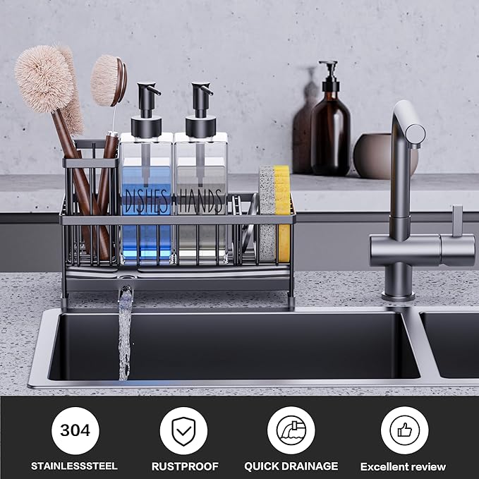 Cisily Dish Soap Dispenser, 12 fl oz Dual Kitchen Soap Dispensers with Sponge Holder, Plastic Pump Clear Glass Bottle Kitchen Soap Dispenser Set, Modern Hand and Dish Soap Bottle Set Removable