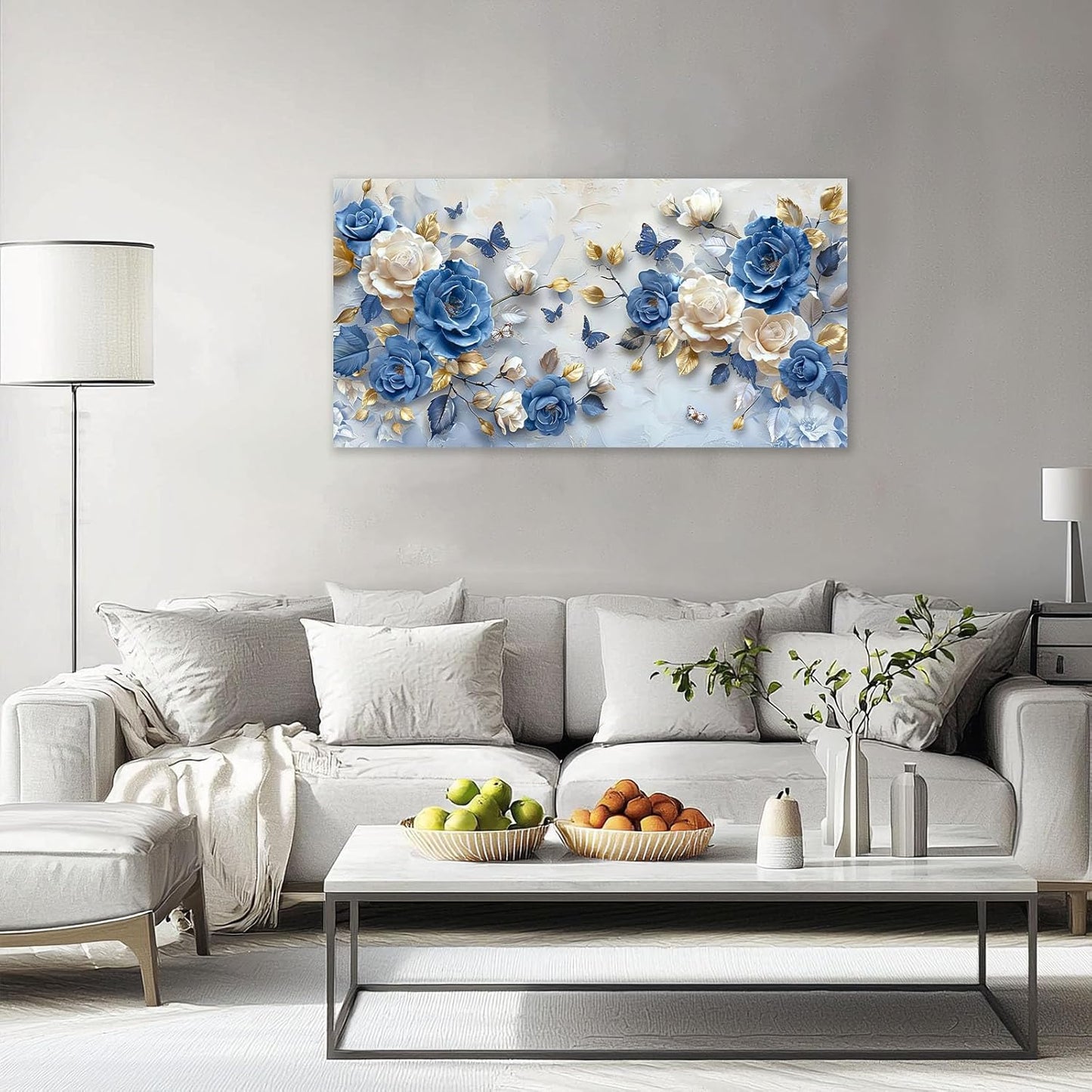 Large Flower Wall Art Canvas Living Room Floral Pictures Framed Prints Oversize Wall Decor Blue Butterfly Painting for Bedroom Dining Office Home 60"x30"