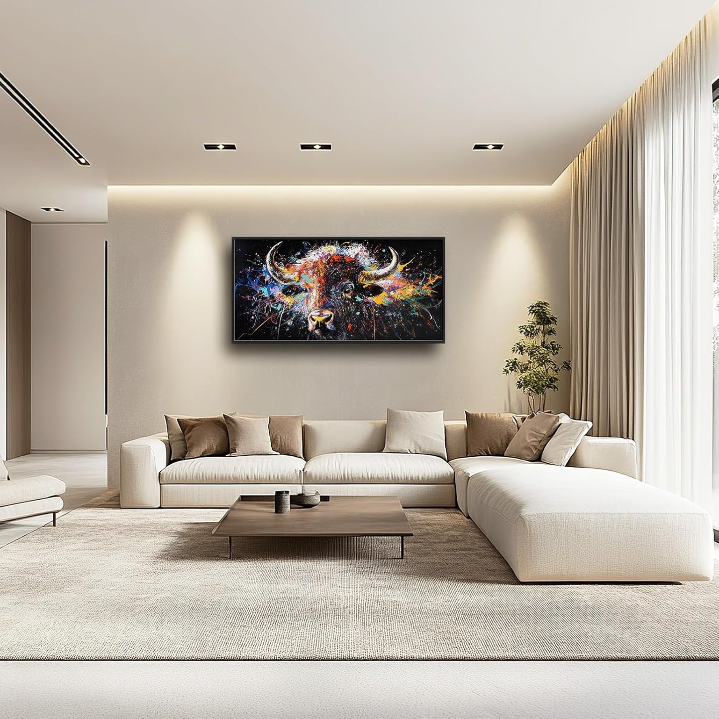 Framed Large Bison Buffalo Wall Art for Living Room, Oversized Graffiti Yak Cow Wall Decor Banksy Bull Canvas Painting Animal Pictures Modern Artwork for Living Room Bedroom Office 60"x30"