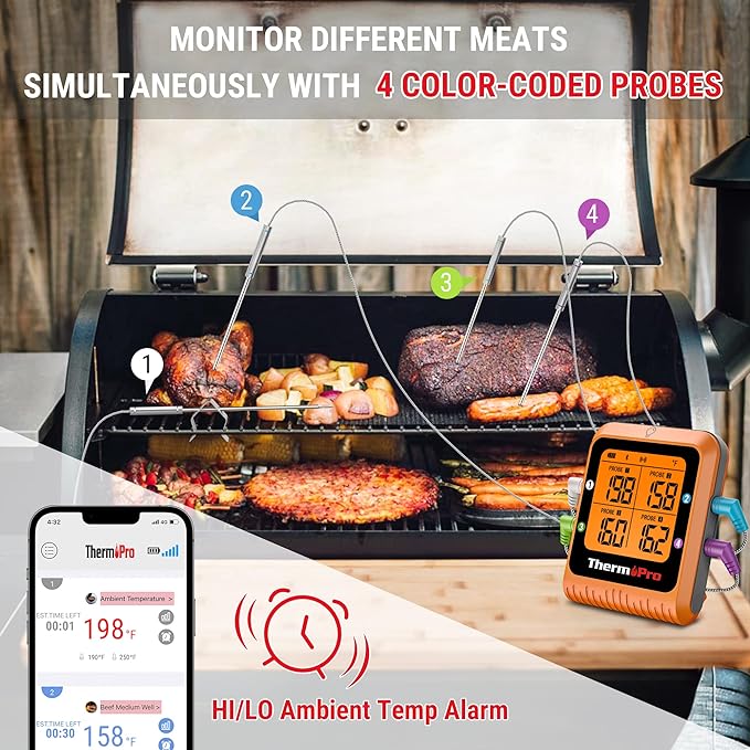 ThermoPro 650 ft Bluetooth Meat Thermometer with 4 Color-Coded Probes, Wireless Meat Thermometer Digital Wireless with Timer, Commercial Cooking Tools & Utensils Rechargeable for Smoker Oven