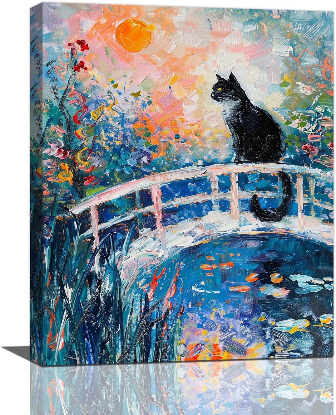 Quorin Black Cat Wall Art Water Lily Sunset Pictures Cat Wall Decor Impressionism Canvas Print Painting Artwork for Bathroom Living Room Bedroom 16"x20"