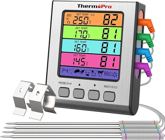 ThermoPro TP17H Digital Meat Thermometer with 4 Temperature Probes, HI/LOW Alarm Smoker Food Thermometer with Colored Backlit LCD, BBQ Thermometer for Cooking Grilling Kitchen Oven Barbecue Turkey