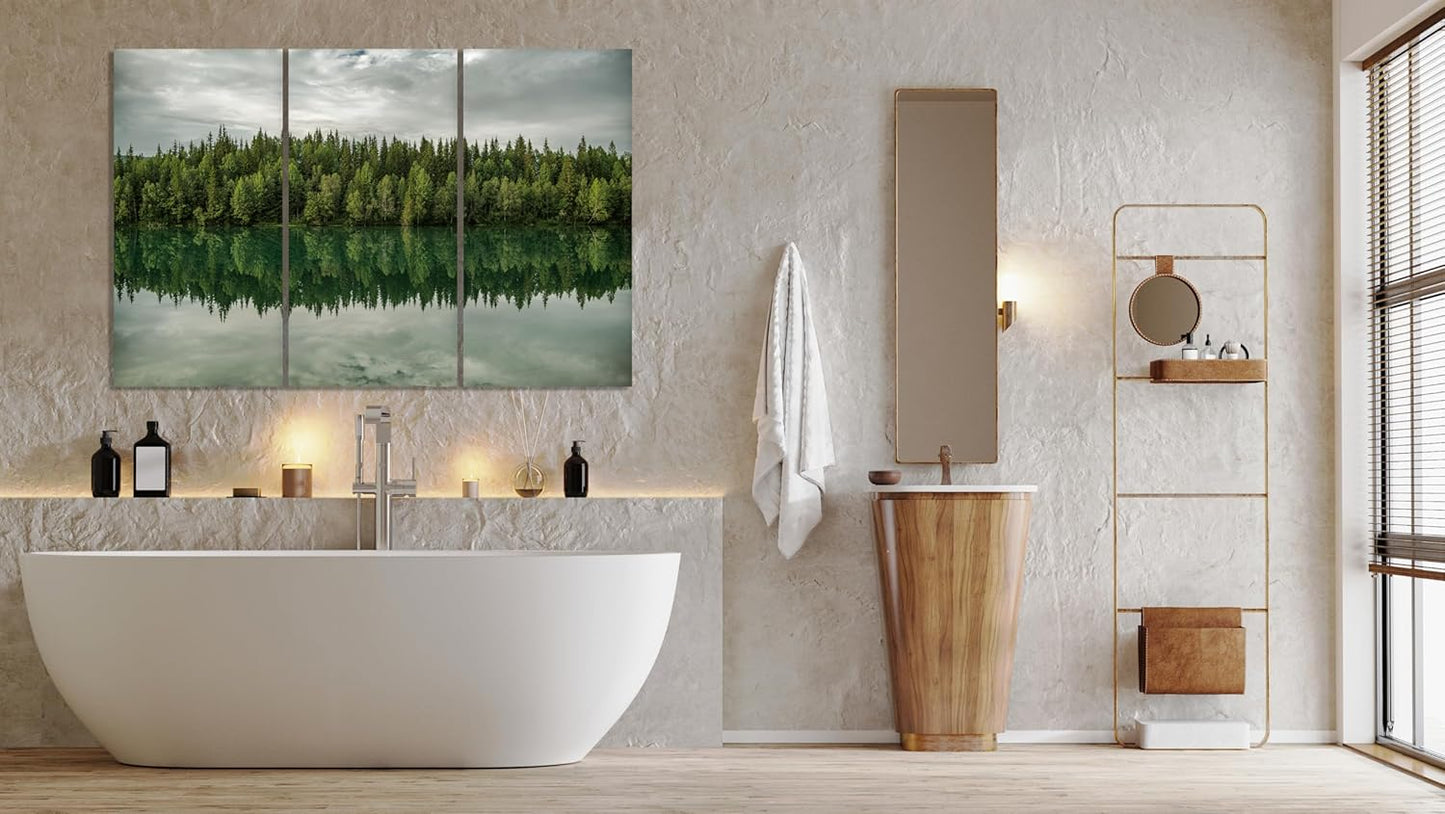 Nature Wall Art Prints - Ocean Forest Mountain Lake Canvas Landscapes - Small to Extra Large Living Room Bedroom Kitchen Bathroom Décor (Forest Reflection, 31L" x 47W" - 3 Panels)