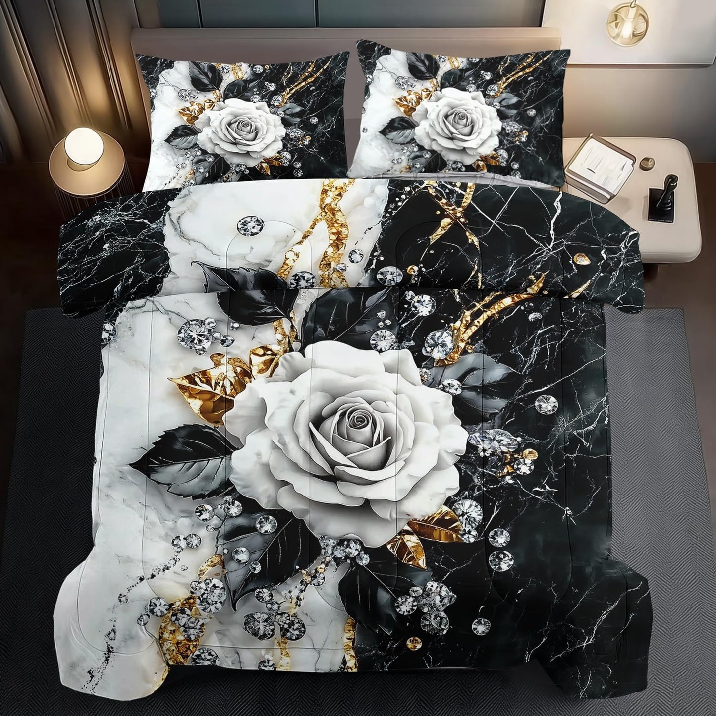 Marble Floral Comforter Set for King Bed Women,Vintage Flower Bedding Set King,White and Black Comforter Rose Quilt for Girls,Rose Bedding Floral Bedroom Decor Adults