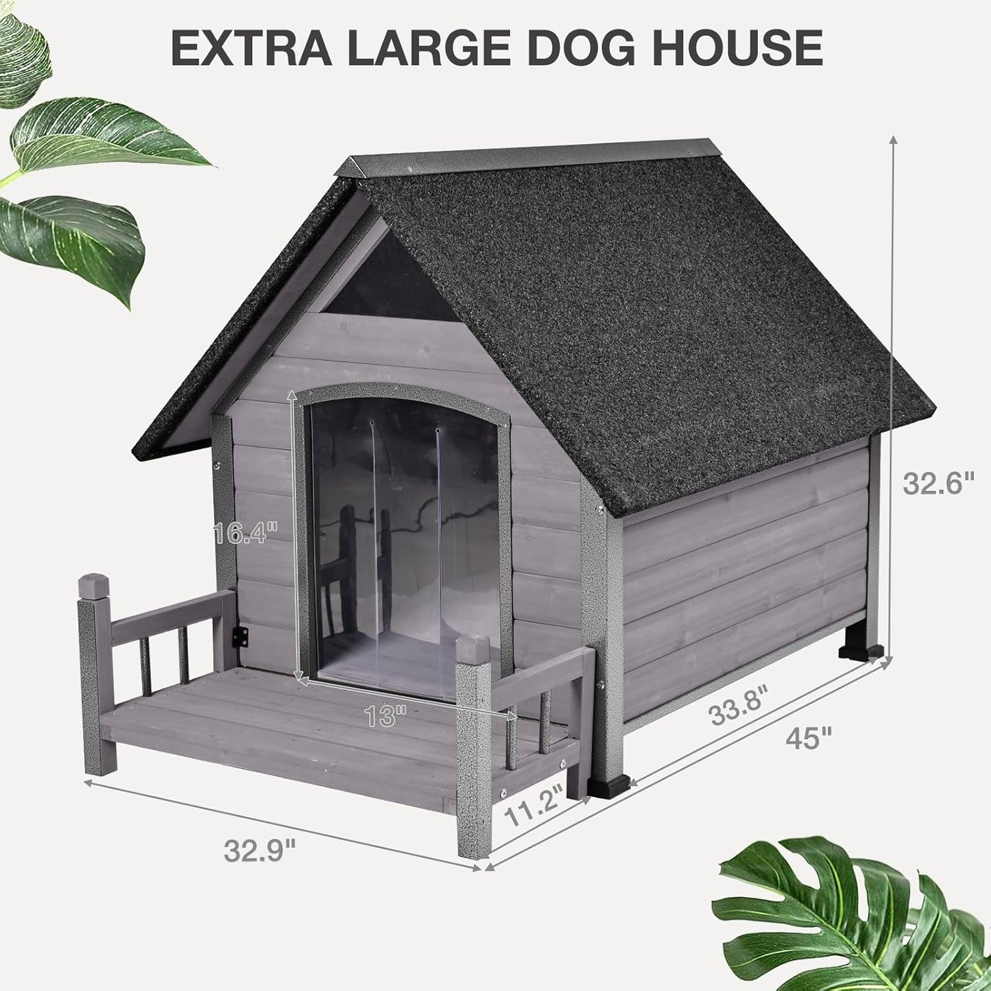 Large Dog House Outdoor Indoor All-Around Iron Frame Design Dog House with Porch＆Raised Feet for Small Medium Large Dogs（Grey）