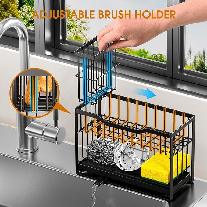 2-Tier Rustproof Kitchen Sink Caddy with Self-Draining Tray, Dish Brush & Sponge Holder, Non-Slip Base - Black