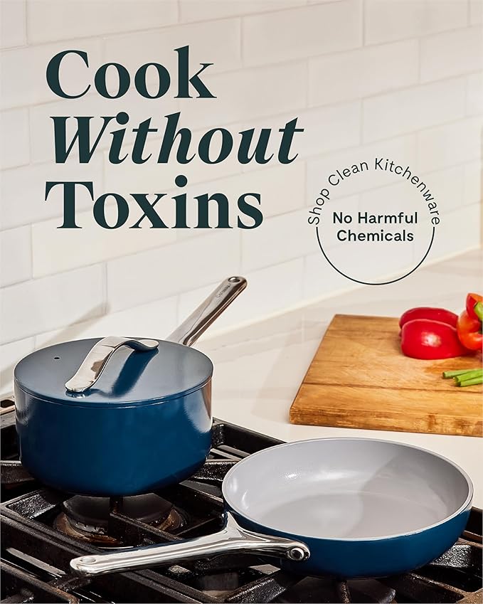 Caraway Mini Cookware Set - Non-Stick Ceramic Fry Pan (1.05 qt, 8") Sauce Pan (1.75 qt) & Storage Rack - Non Toxic, PTFE & PFOA Free - Oven Safe & Stovetop Agnostic (Gas, Electric & Induction) - Navy