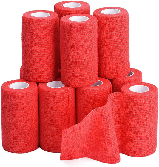 TOBWOLF 12PCS Self Adhesive Bandage, 4" x5yd / 10cmx4.5m Elastic Cohesive Bandage Wrap, Breathable Sports Tape, Medical Sport Wrap for Wrist, Ankle, Knee, Leg, Sprains & Swelling - Red