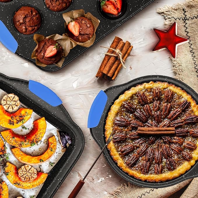 11-Piece Professional Stackable Baking Set, Oven-Safe Nonstick Cookware with Cool-Touch Handles - Features Cookie Sheet, Cake Pan, Muffin Tin, Pizza Stone & Bread Loaf Pan, Black&Blue