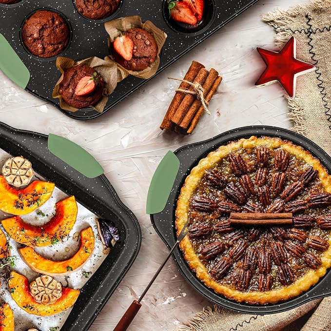 11-Piece Nonstick Bakeware Set, Stackable & Oven-Safe Kitchen Baking Pans with Silicone Handles - Includes Cookie Sheet, Cake Pan, Muffin Tin, Pizza Stone & Bread Loaf Pan, Dark Green&Black