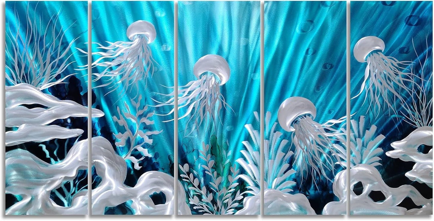 SYGALLERIER Jelly Fish Large Metal Wall Art Hand Grind Aluminum Artwork 3D Undersea World Coastal Pictures Nautical Decor for Living Room Bedroom