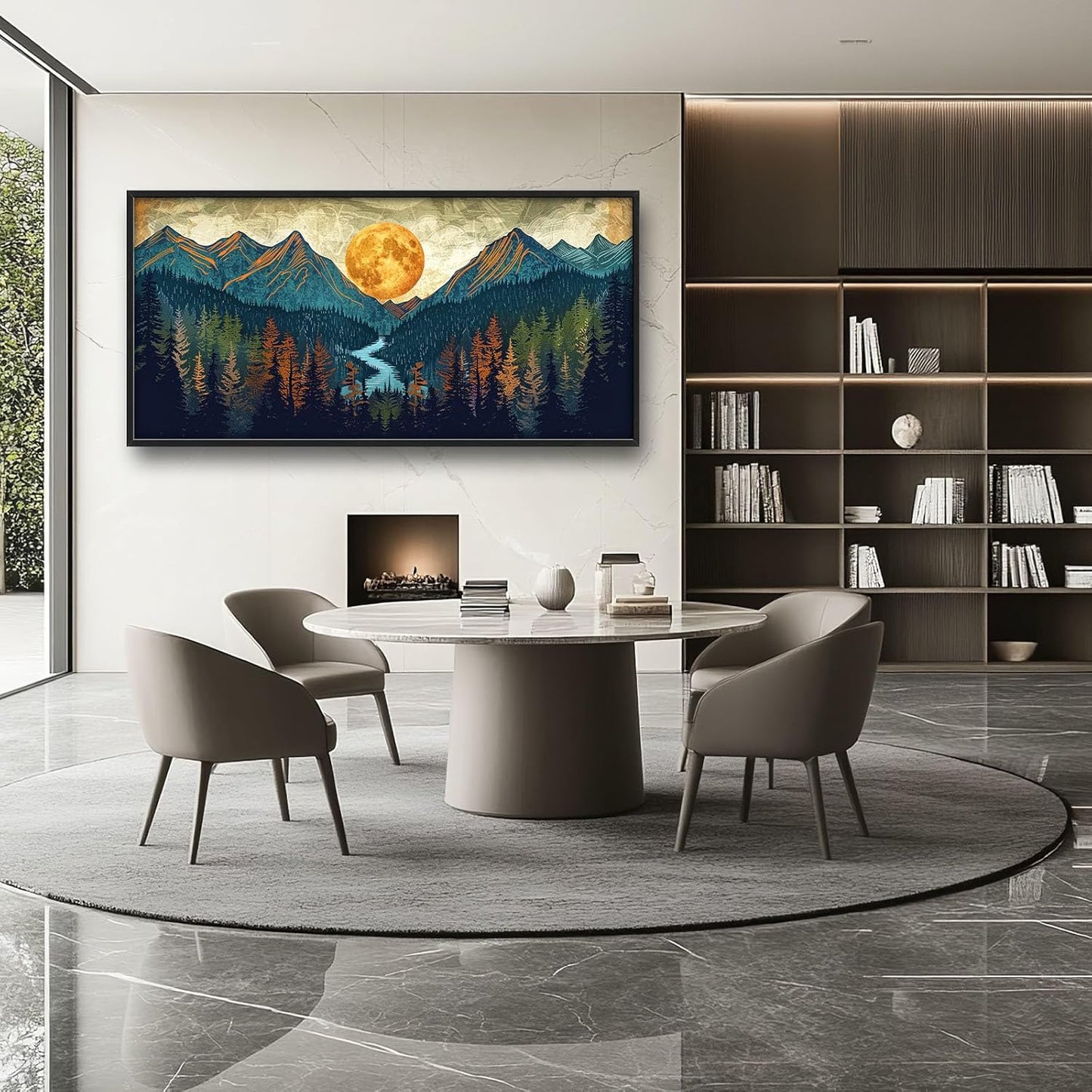 Quorin Boho Mountain Large Wall Art Mountain Landscape Pictures Moon Pine Tree Forest Lake Wall Decor Nature Canvas Print Painting Artwork for Bathroom Living Room Bedroom 60L x 30W