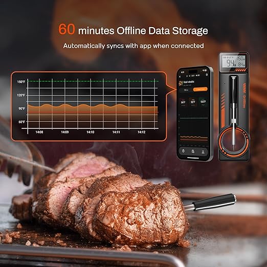 Bluetooth Meat Thermometer - Digital Wireless Meat Thermometer for Grilling and Smoking with IP67 Dual Sensor Probes - Smart App Alert for BBQ, Smoker, Oven, Grill