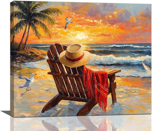 Beach Coastal Bathroom Pictures Wall Art, Seaside Ocean Bathroom Wall Decor, Sunrise Palm Framed Painting Canvas Artwork for Bedroom Living Room Decorations 20"L x 16"W