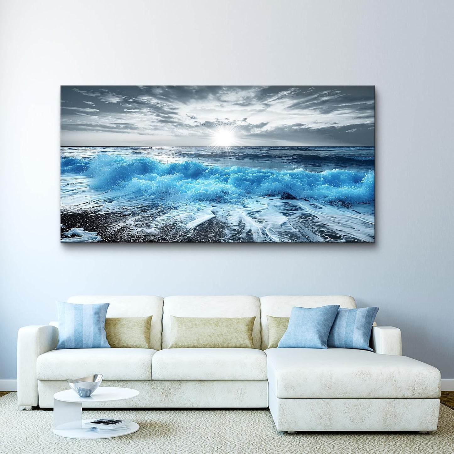 Lapremoly Large Canvas Wall Decor For Office Framed Wall Art For Living Room Blue Beach Painting Ocean Sea Waves Wall Pictures Bedroom Home Decorations Prints Posters Mural Artwork Ready to hang