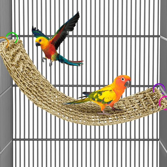 29.5 x 7 inches Large Bird Seagrass Mat Grass Woven Net Parrot Hammock Mat Parakeet Climbing Rope Ladder with Hooks Bird Cage Accessories for Conure Cockatiel Budgie Macaw