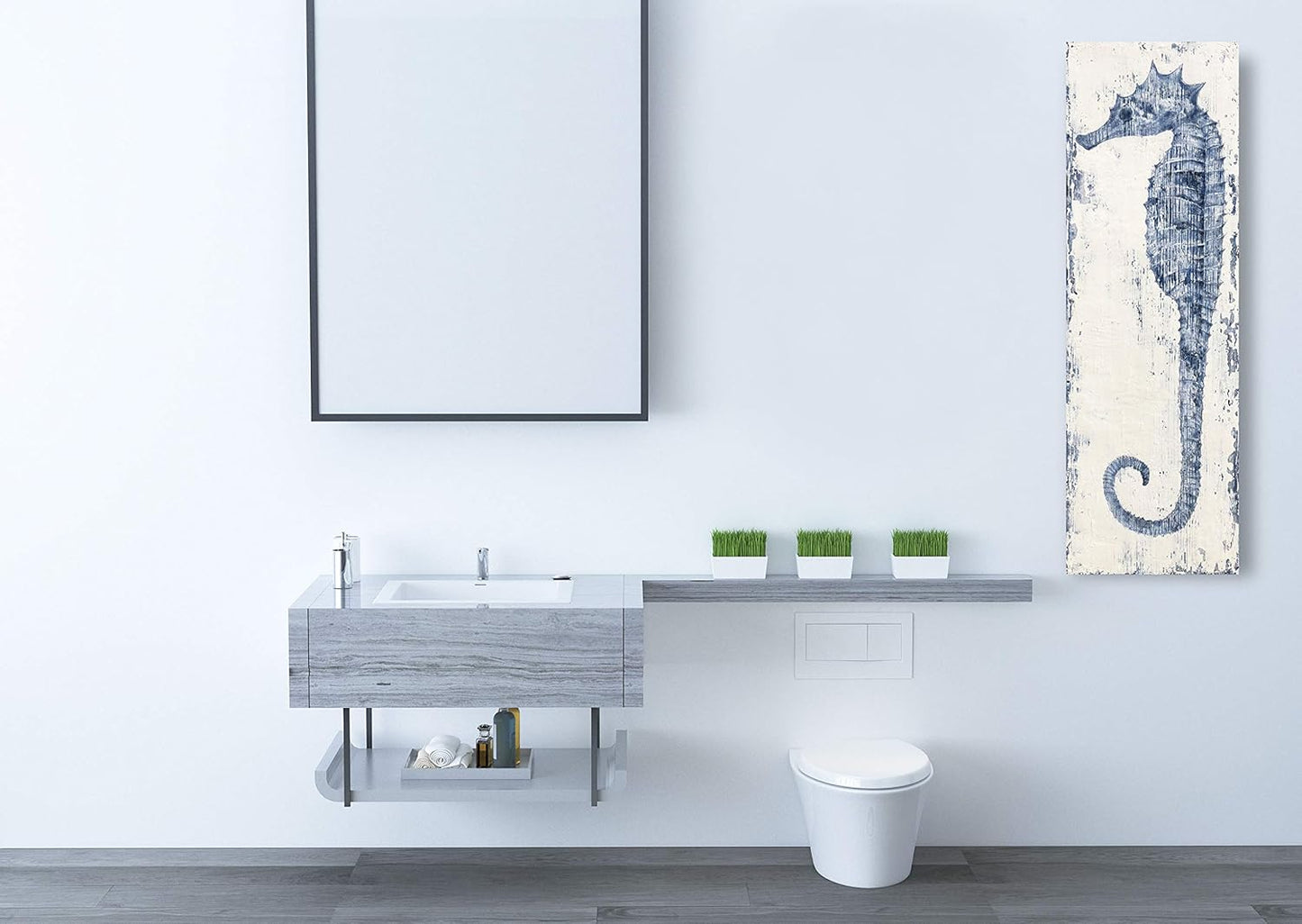 Yihui Arts Seahorse Canvas Wall Art Hand Painted Blue and White Painting Modern Coastal Pictures for Living Room Bedroom Hallway Bathroom Decoration