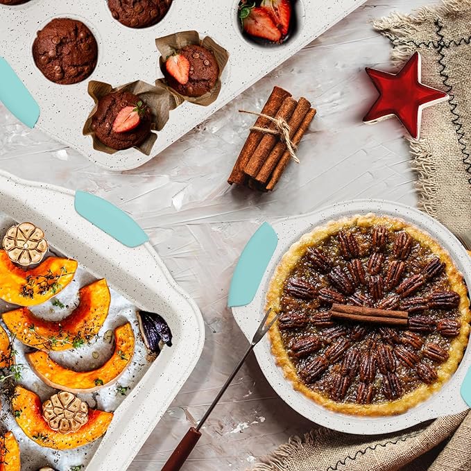 11-Piece Non-Toxic Bakeware Set – Nonstick, Stackable & Oven Safe with Heat-Resistant Silicone Handles – Cookie Sheet, Cake Pan, Muffin Mold, Pizza Tray & Bread Loaf Dish, White & Sky Blue