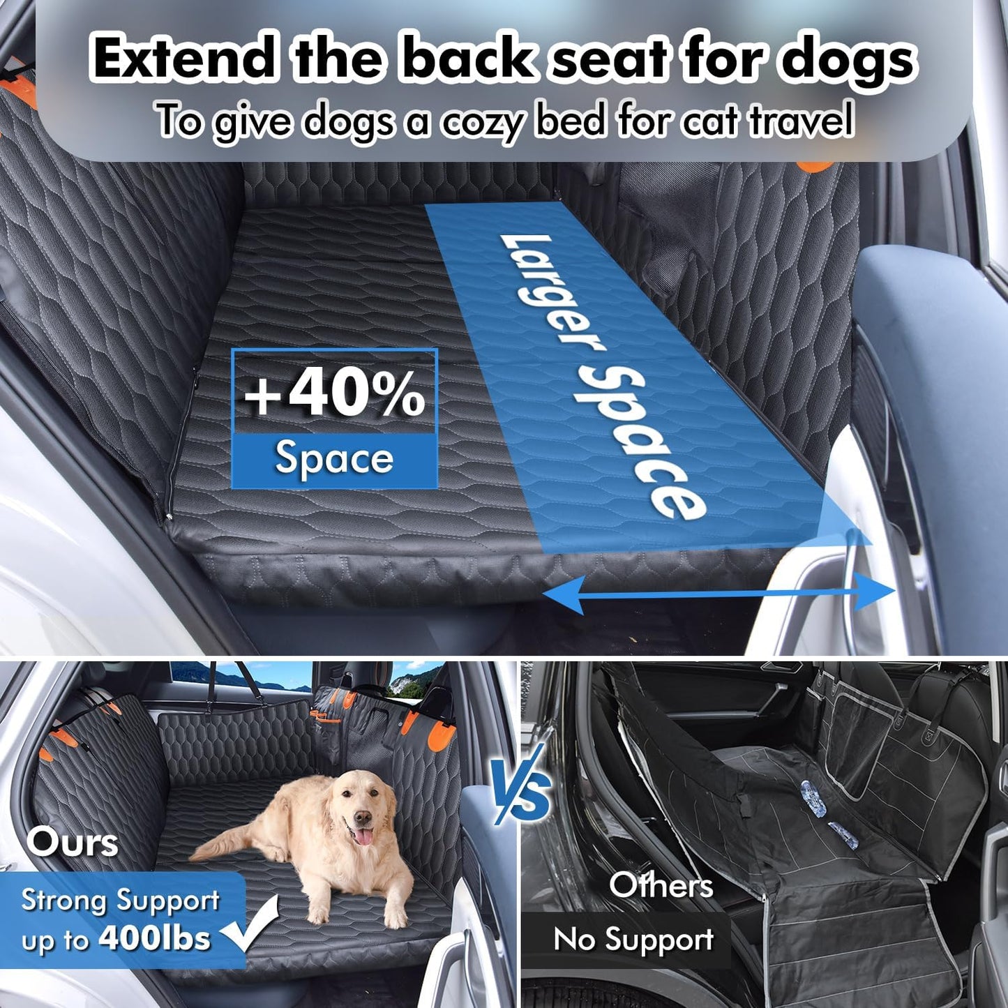 3-in-1 Convertible Dog Car Seat Extender & Booster Seat – 400lb Capacity, Waterproof 600D Oxford with Hard Bottom, Scratch-Proof Hammock for Cars & SUVs
