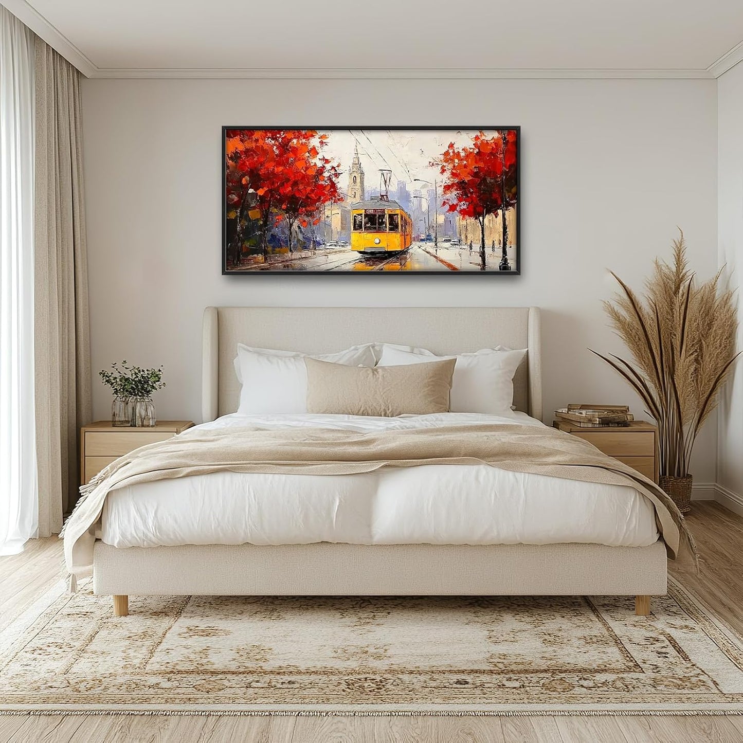 Large Cityscape Wall Art for Living Room, Framed Oversized Urban Tram Wall Decor Tree Landscape Canvas Painting Modern Artwork for Living Room Bathroom Bedroom Office Dining Room 60"x30"