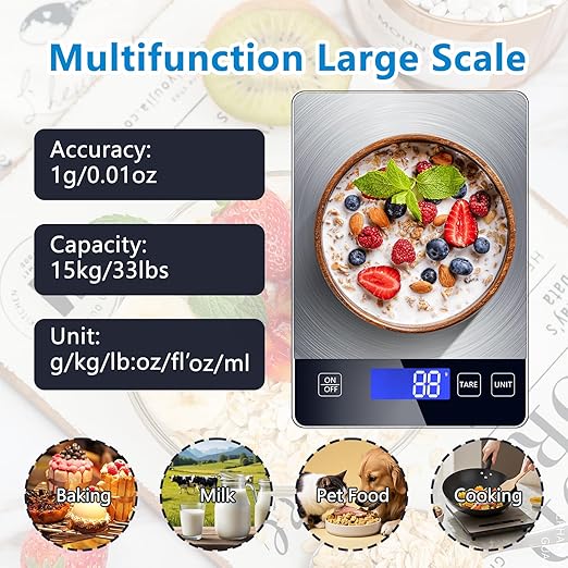 Food Scale, 33lb Digital Kitchen Scale Weight Grams and oz for Cooking Baking, 1g/0.1oz Precise Graduation, Stainless Steel and Tempered Glass