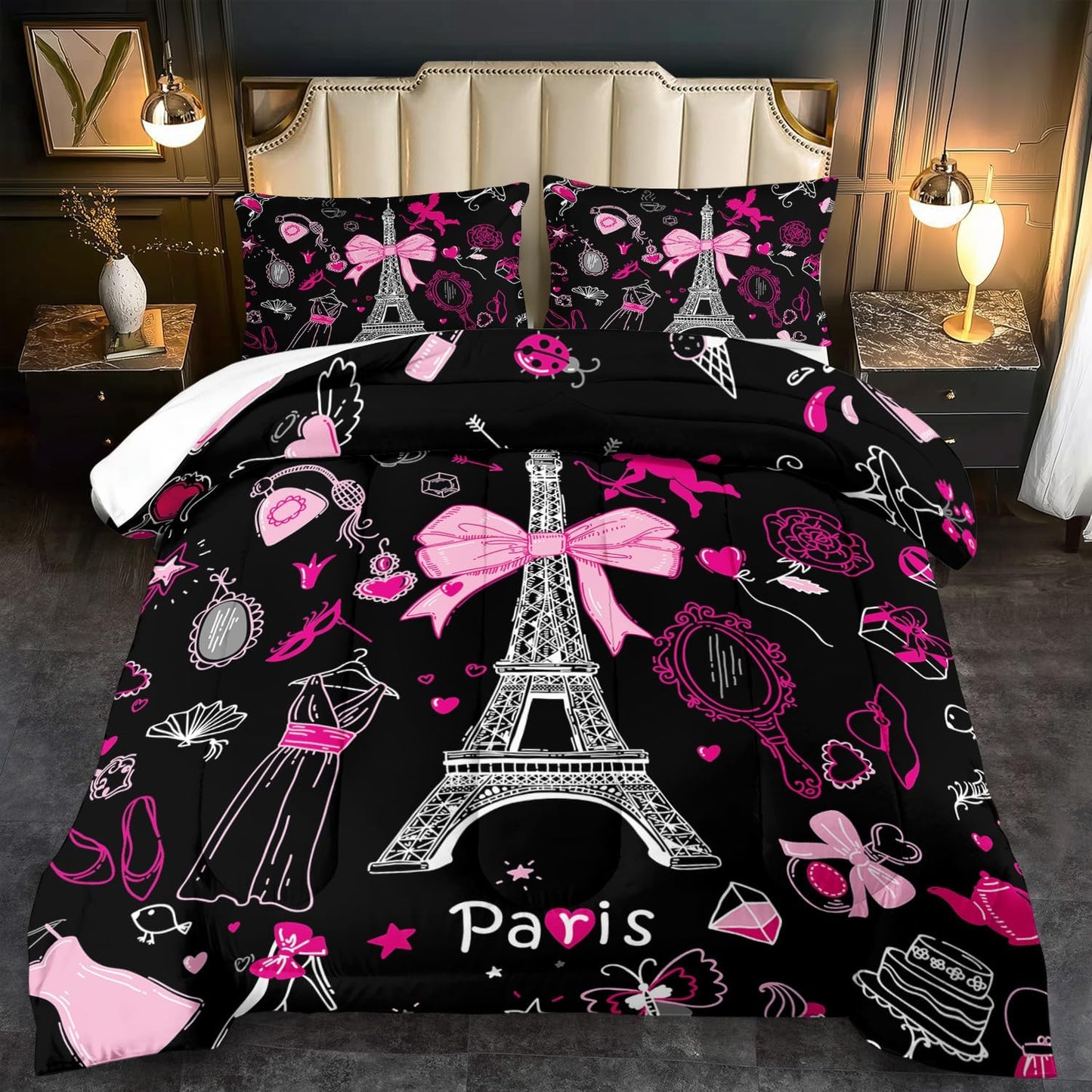 Eiffel Tower Comforter Set Full Size,Eiffel Tower Bedding Set for Girls, Pink and Black Paris Themed Comforter Bedroom Decor,Paris Quilt French Style Romantic Bedding