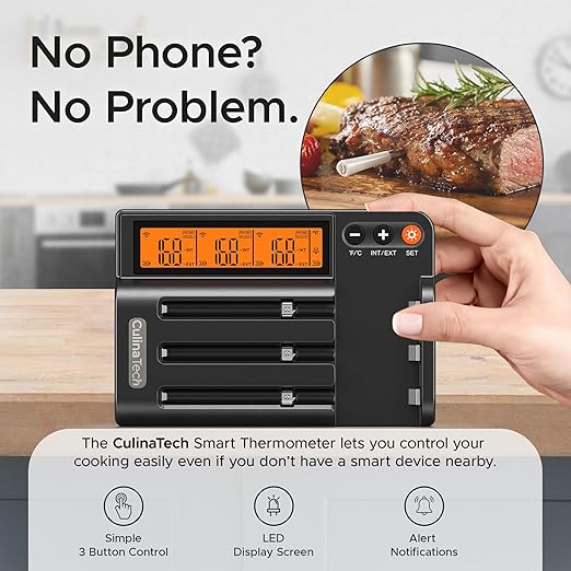 CulinaMeter Three: 3 Probes Wireless Meat Thermometer with LCD Screen, 750FT Digital Cooking Food Thermometer for Beef Lamb Turkey, Dual Sensor Measures Internal & Ambient Temp
