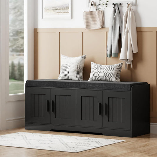2-Tier Storage Bench, Shoe Bench with Thickened Padded Seat Cushion, Entryway Bench with 4 Doors, Adjustable Shelf, 13.8" D x 45.3" W x 18.5" H, for Entryway, Living Room, Bedroom, Black