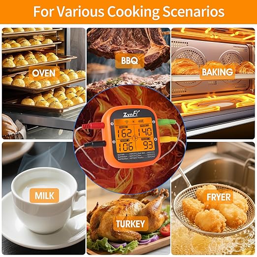 Instant Read Food Meat Thermometer Wireless Digital with LCD Display and 4 Stainless Probes,Advanced Electronic Thermometer Waterproof for BBQ Cooking Kitchen Outside Grill