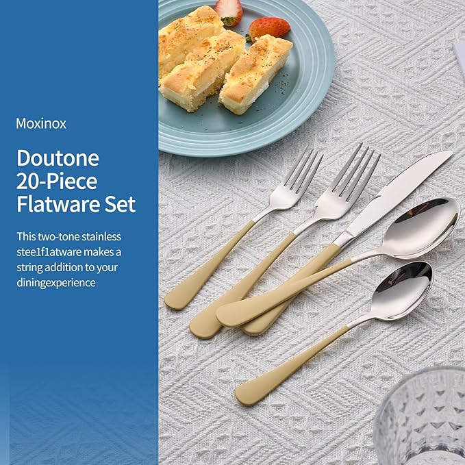 20-Piece Cream Color Silverware Set, 18/0 Stainless Steel Cream Color Handle Flatware Set, Service for 4,Modern Cutlery Set Includes Dinner Knives Forks Spoons,Mirror Polished,Dishwasher Safe