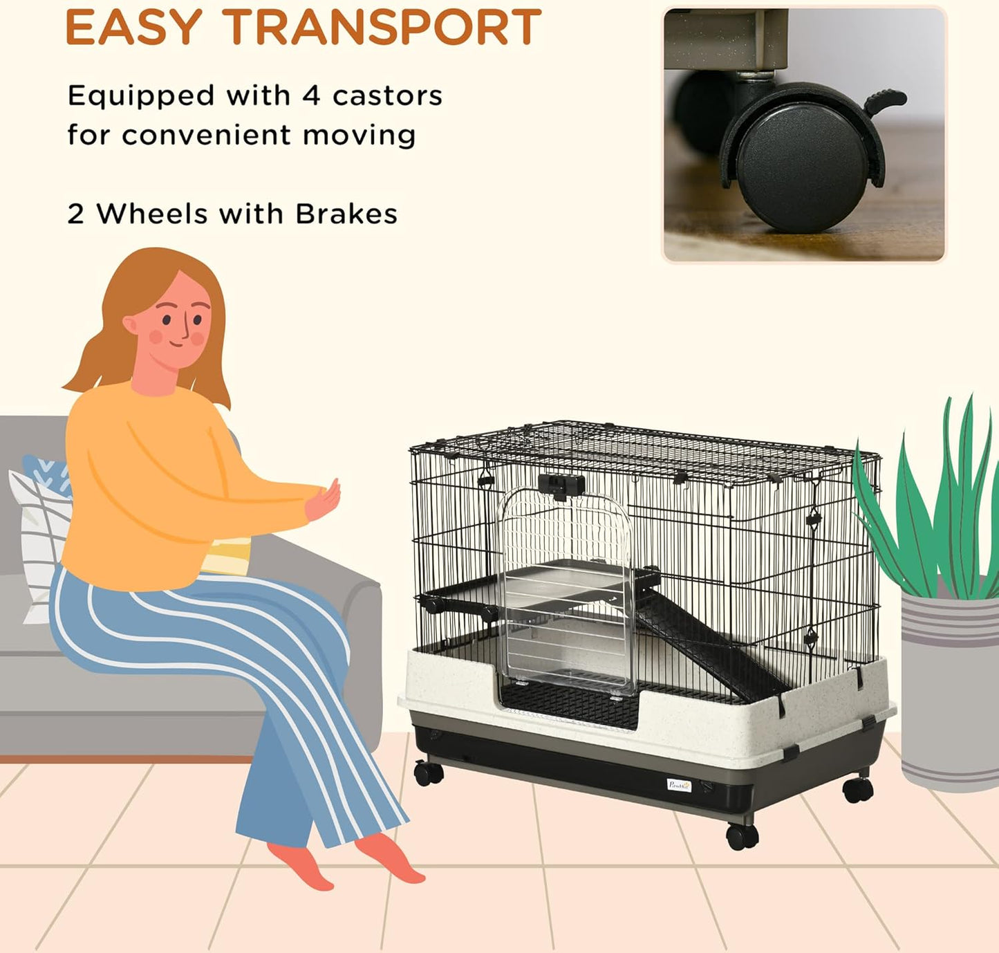 PawHut 26" Small Animal Cage with Wheels, 2-Level Portable Bunny Cage, Chinchilla Ferret Cage with Removable Tray, Platform and Ramp