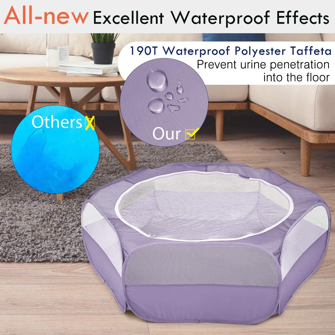 Pawaboo Small Animals Playpen, Waterproof Small Pet Cage Tent with Zippered Cover, Portable Outdoor Yard Fence with 3 Metal Rod for Chick/Kitten/Puppy/Guinea Pig/Rabbits/Hamster/Chinchillas, Purple