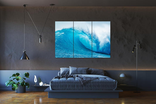 Nature Wall Art Prints - Ocean Forest Mountain Lake Canvas Landscapes - Small to Extra Large Living Room Bedroom Kitchen Bathroom Décor (Blue Ocean Wave, 35L" x 53W" - 3 Panels)