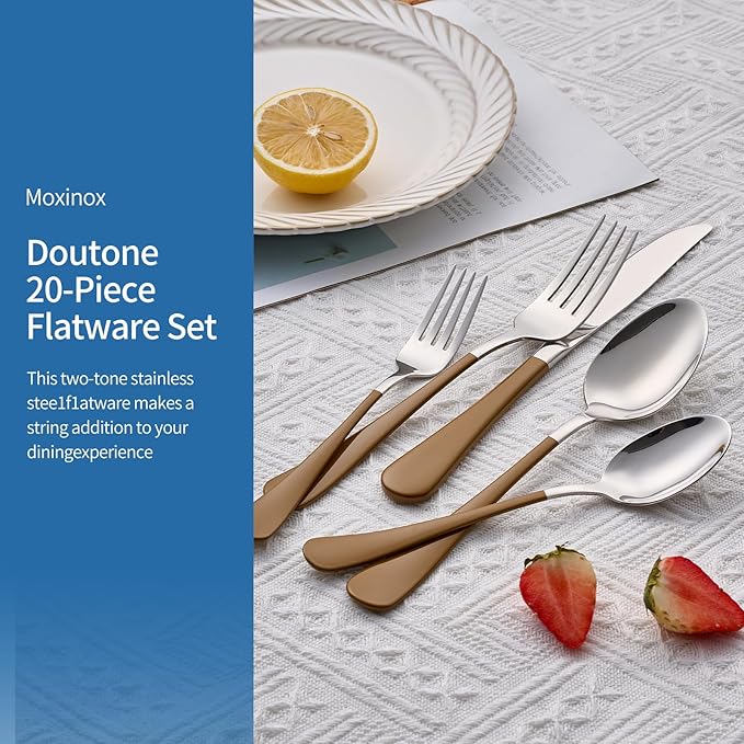 20-Piece Coffee Color Silverware Set 18/0 Stainless Steel Coffee Color Handle Flatware Set Service for 4 Modern Cutlery Set Includes Dinner Knives Forks Spoons, Mirror Polished Dishwasher Safe