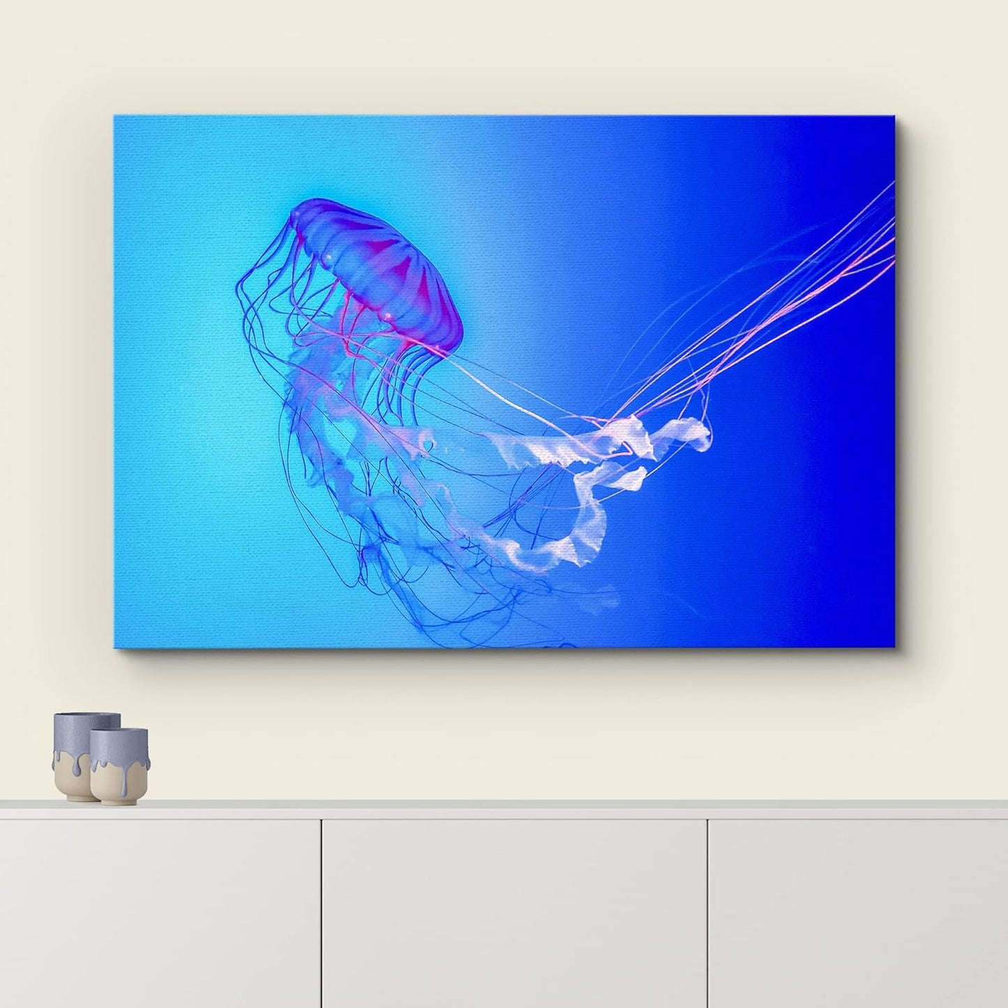 wall26 Canvas Print Wall Art Vibrant Neon Blue Pink Jellyfish Deep Sea Nature Animals Photography Realism Rustic Scenic Landscape Wilderness Earth Colorful for Living Room, Bedroom, Office - 32"x48"