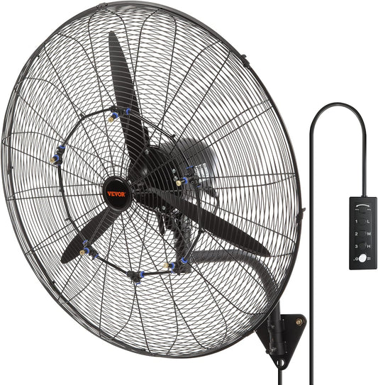 VEVOR 30 Inch Wall-Mount Misting Fan, 3-speed IP44 Waterproof Oscillating, Max. 9500 CFM Wall Mounted Fan for Outdoor, Commercial, Residential, Greenhouse, Workshop, Patio, Black, ETL Listed