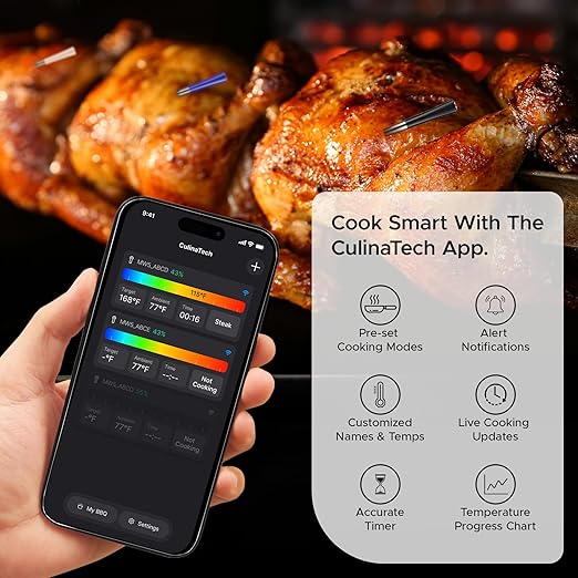 CulinaMeter Three: 3 Probes Wireless Meat Thermometer with LCD Screen, 750FT Digital Cooking Food Thermometer for Beef Lamb Turkey, Dual Sensor Measures Internal & Ambient Temp
