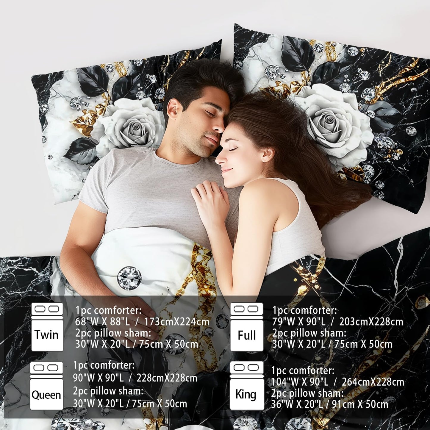 Marble Floral Comforter Set for King Bed Women,Vintage Flower Bedding Set King,White and Black Comforter Rose Quilt for Girls,Rose Bedding Floral Bedroom Decor Adults