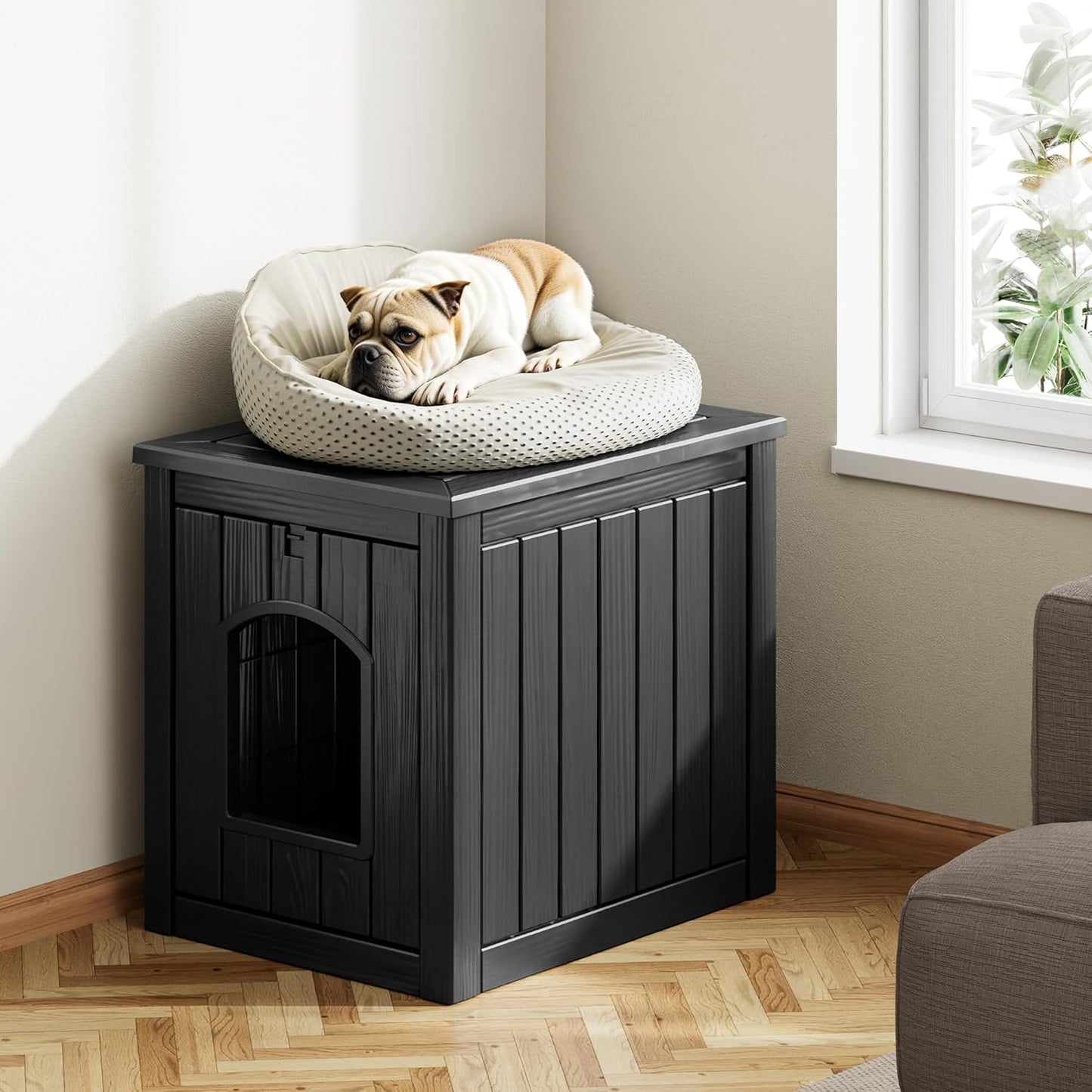 Outdoor & Indoor Dog House for Weatherproof and Stylish Furniture, Insulated Dog House Outdoor, Multi - Use for Small and Medium Dogs (Black, 22.8" L × 17.7" W × 21.7" H)