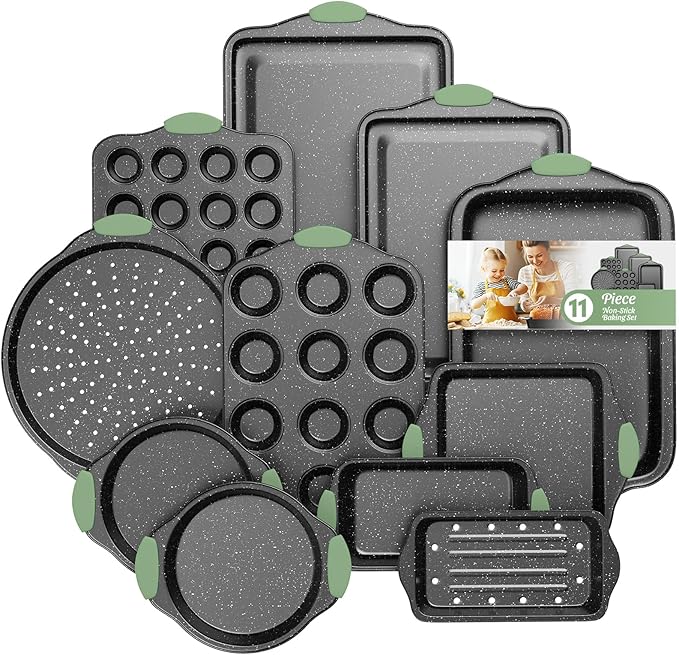 11-Piece Nonstick Bakeware Set, Stackable & Oven-Safe Kitchen Baking Pans with Silicone Handles - Includes Cookie Sheet, Cake Pan, Muffin Tin, Pizza Stone & Bread Loaf Pan, Dark Green&Black