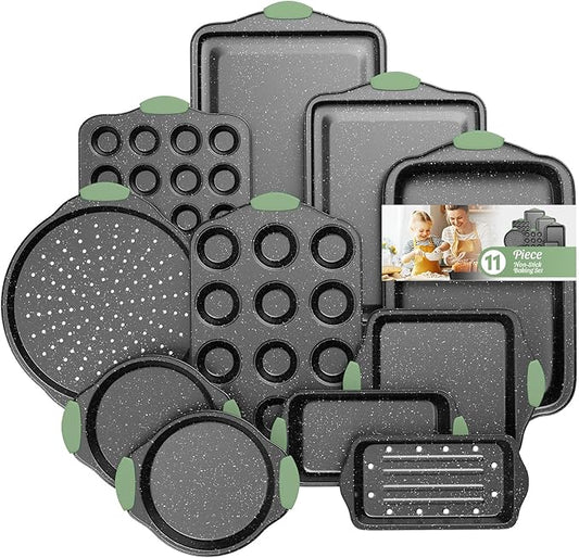 11-Piece Nonstick Bakeware Set, Stackable & Oven-Safe Kitchen Baking Pans with Silicone Handles - Includes Cookie Sheet, Cake Pan, Muffin Tin, Pizza Stone & Bread Loaf Pan, Dark Green&Black