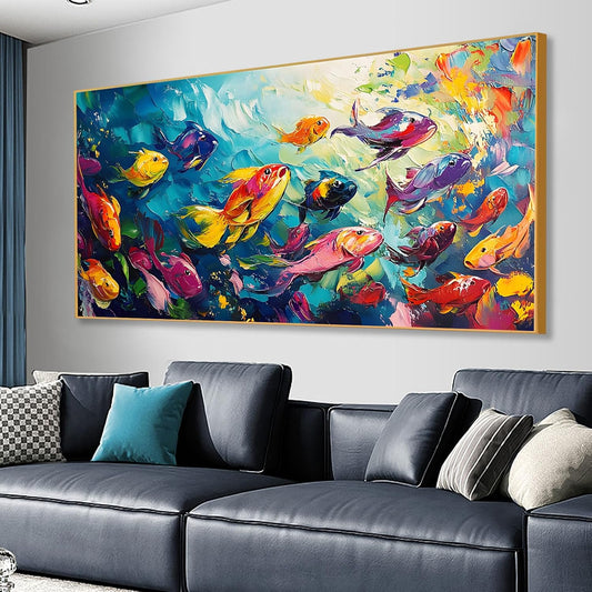 School of Fish Printed Canvas Wall Art – Framed Abstract Ocean Print – Vibrant Fish Wall Decor for Living Room, Bedroom, Office (Gold Framed, 55"x27"|140x70cm)
