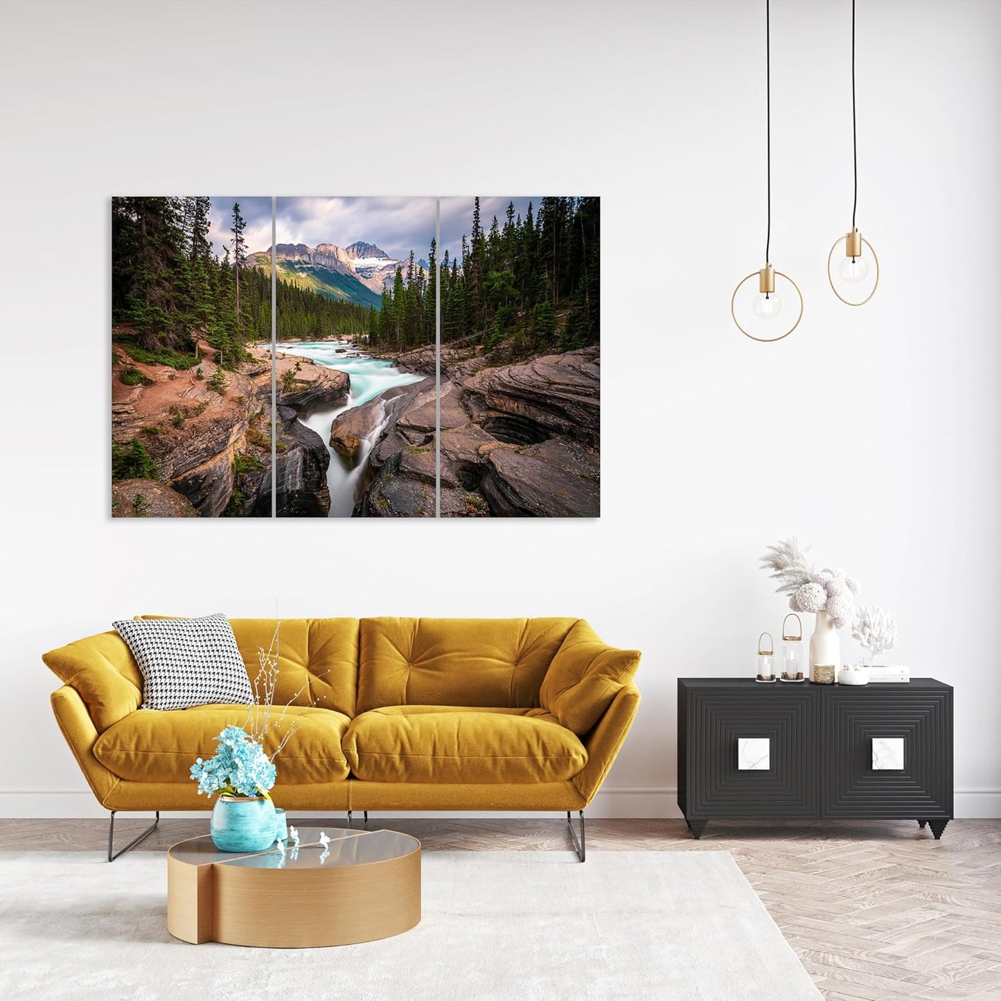 Nature Wall Art Prints - Ocean Forest Mountain Lake Canvas Landscapes - Small to Extra Large Living Room Bedroom Kitchen Bathroom Décor (Mountain River Waterfall, 31L" x 47W" - 3 Panels)