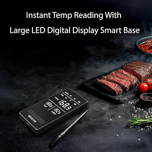 WiFi Sub-1G Wireless Meat Thermometer Unlimited Range, Check Temp Anywhere,7 NIST Certified Sensors with Ambient Temp Smart Digital Base,Monitor for BBQ, Grill,Oven, Smoker (1, Grey, Small)
